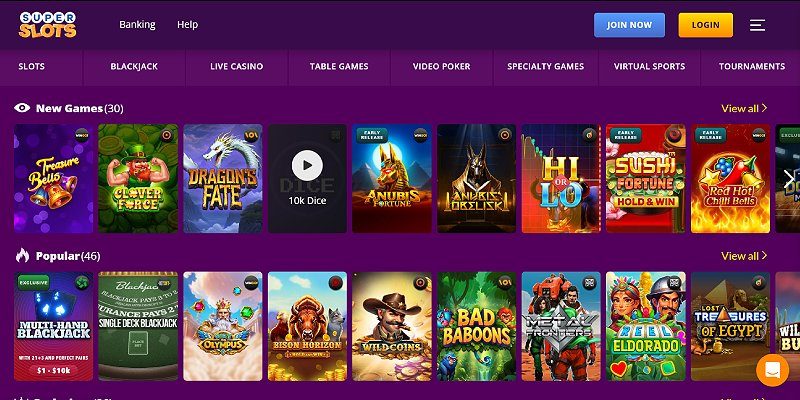 Super Slots casino lobby screenshot
